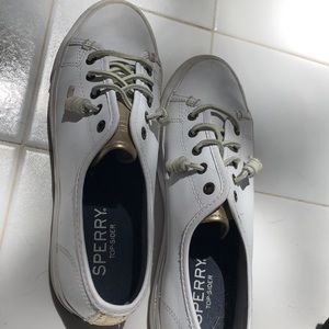 White and Gold Sperry Slip on Sneakers